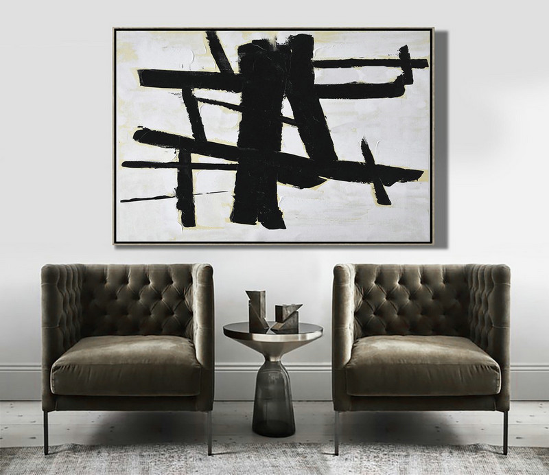 Large Colorful Wall Art,Horizontal Palette Knife Minimal Canvas Art Painting Black White Beige - Large Canvas Art,Modern Art Abstract Painting
